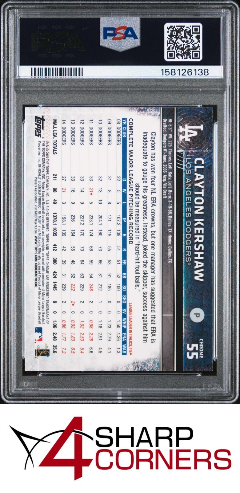 2015 TOPPS CHROME #55 CLAYTON KERSHAW DODGERS PSA 9 view 2