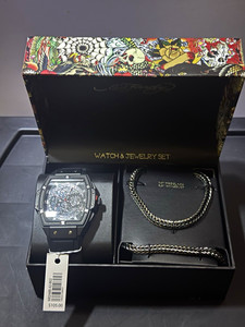 Ed Hardy Men’s 3pc Accessory Set Skull Watch Necklace Bracelet Black MC248