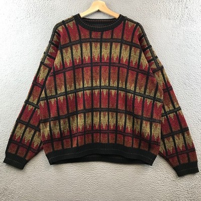 Vintage Protege Patterned Sweater Mens Red Gold Black Knit Pullover Crewneck XL