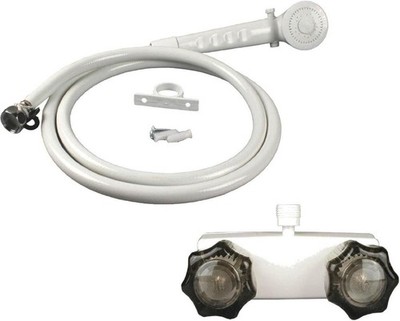 RV/Mobile Home White Shower Faucet with Smoke Handles and Hand-Held Shower Combo