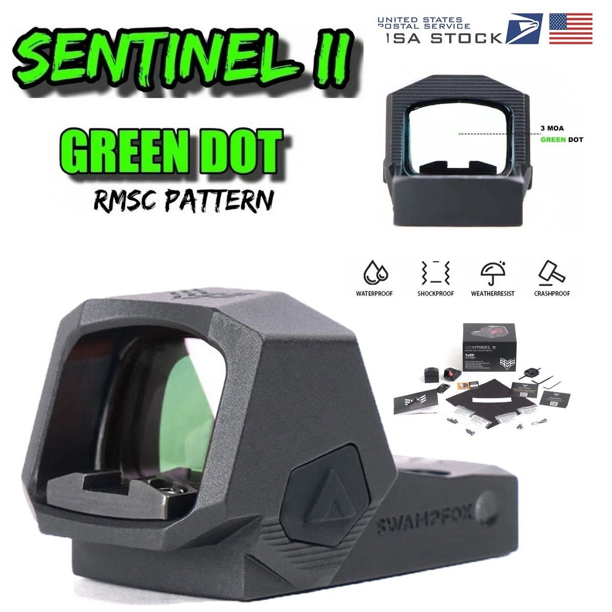 Swampfox Sentinel II 1x20mm Green Dot Sight 3 MOA RMSc Footprint