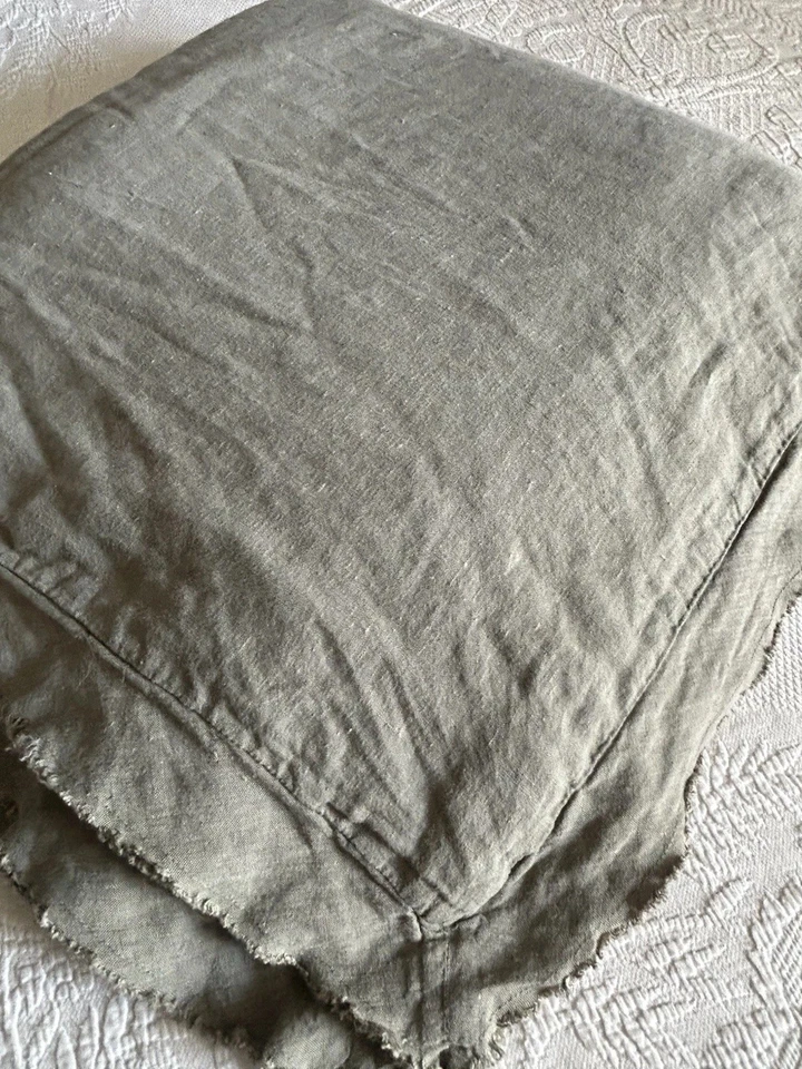 Pottery Barn Belgian Flax Duvet Cover Loden Green Fringe Linen Ruffle King/CK - Image 4 of 4