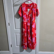 new THML Hailey Dress Women XXL Red Floral Paisley Button Down Cotton Midi