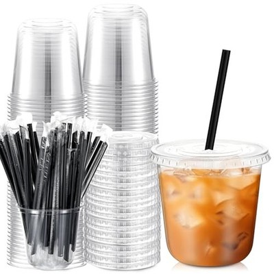 Ziliny 50 Sets 10 oz Clear Plastic Iced Coffee Cups with Lids and Straws