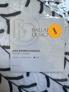 Ballard Designs Ada Navy Indigo Embroidered White Duvet Cover KING New