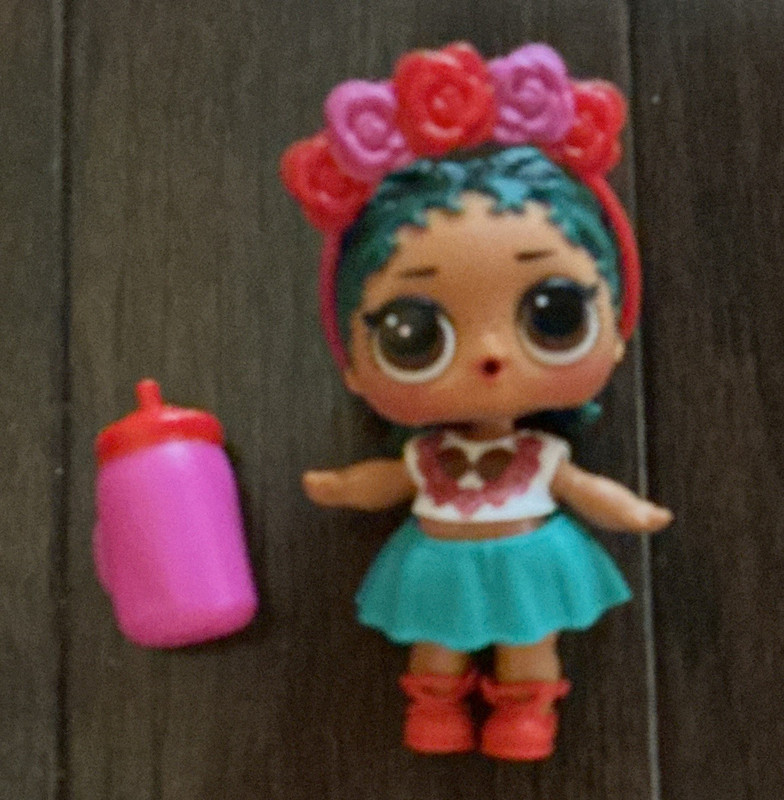 3in Girl Doll Curly Blue Hair Brown Eyes Removable Outfit w/ Bottle & Headband