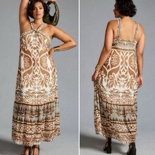 Anthropologie Vineet Bahl Printed Halter Dress Maxi Boho Size Large Halter Neck