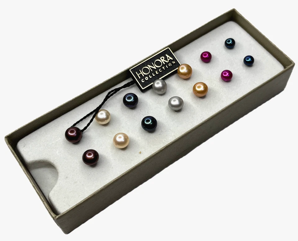 Juego de 7 pares de aretes de perlas de agua dulce multicolor HONORA con botones de ley Foto 3 de 4