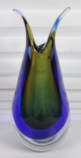 Vintage Italian Murano Cobalt  Green Sommerso Art Glass Vase
