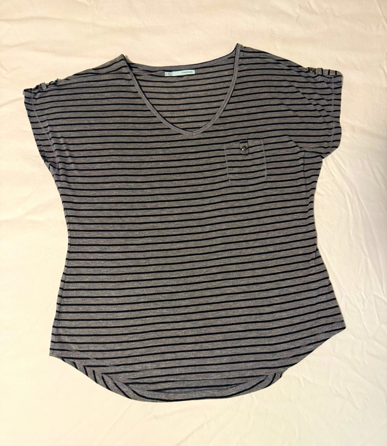 maurices Women's XL Gray/Black Striped V-Neck Short Sleeve Knit Tee