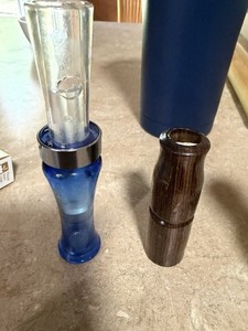 Lot of 2 Duck Mouth Calls Single Reed Plastic/Wood Blue Brown Clear