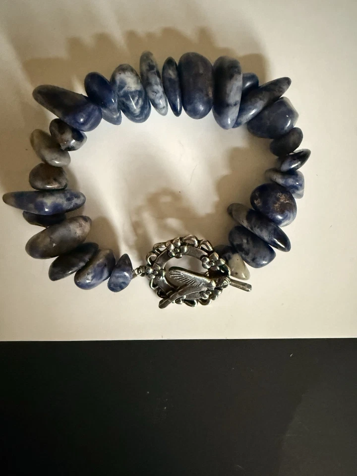 "Pulsera hecha a mano con astillas de piedras preciosas azules con broche de pájaro - estilo boho grueso 7,5""" Foto 4 de 4