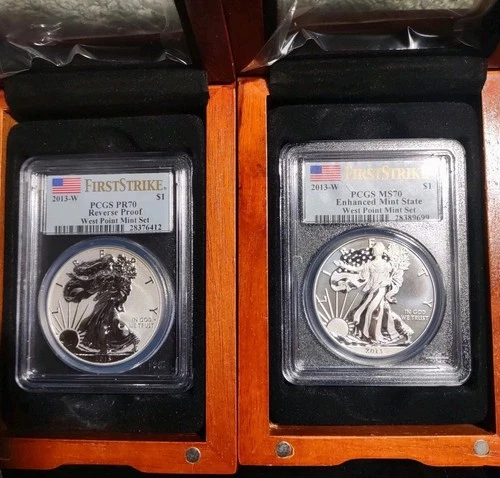 2013-W SILVER EAGLE 2-COIN SET PCGS PR70/MS70 REVERSE/ENHANCED FS w/Display Boxs
