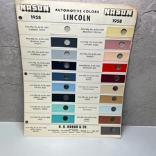 1958 Lincoln Color Sample Paint Chip Complete Colors List Nason Paint CO