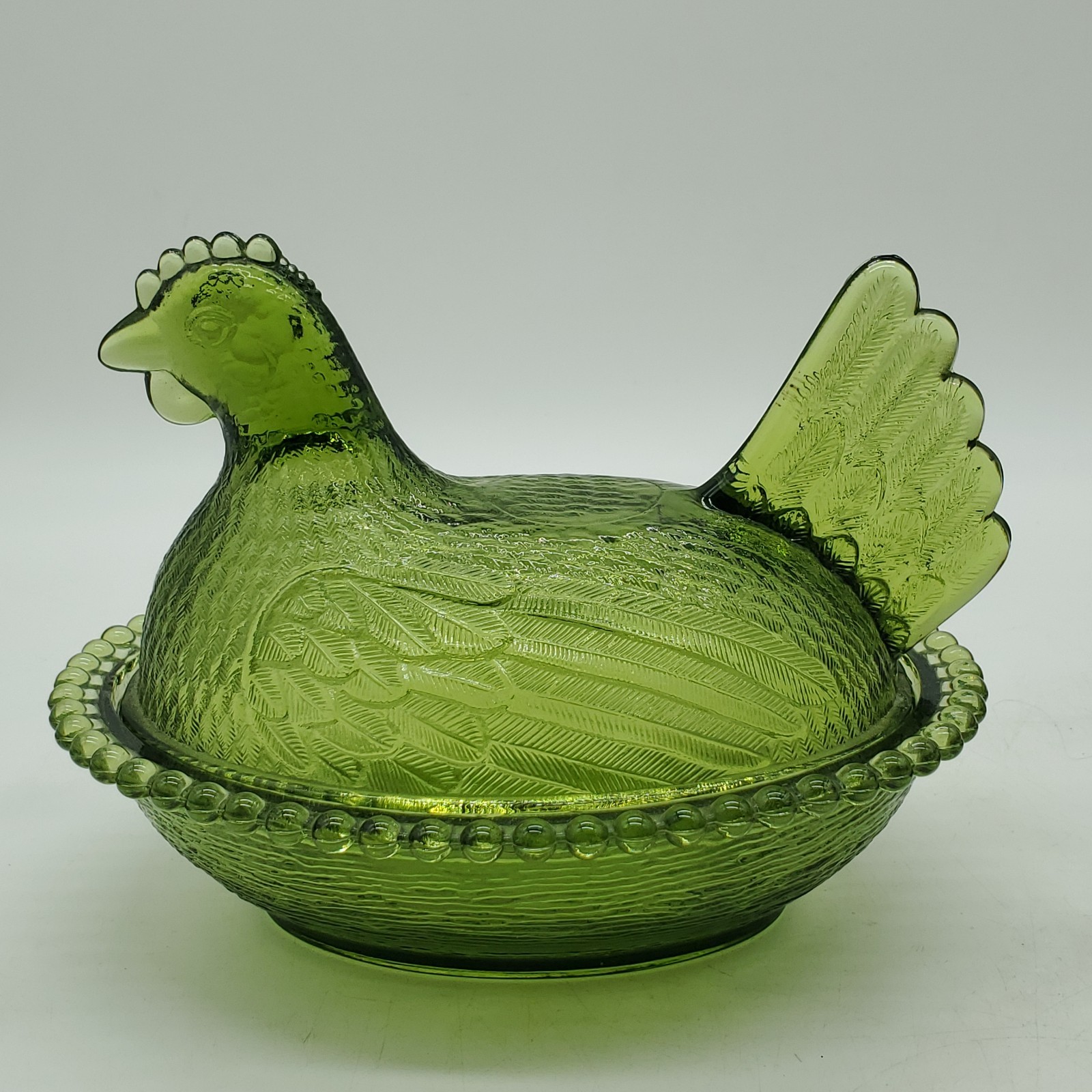 Vintage Indiana Glass Olive Green Hen On A Nest Dish And Cover Small Casserole 
