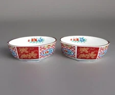 Pair of Red Asian Octagonal Hand Painted Floral 5-1/2” Soup Salad Bowls Signed
