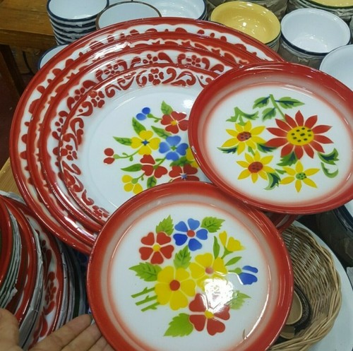 Set 8 Enamel Tray Thai Kitchenware Floral Pattern Vintage Art Decor Fruit Plate - Picture 2 of 12