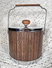 Vintage Ice Bucket Faux Wood Chrome Mid Century Modern Atapco Retro Barware