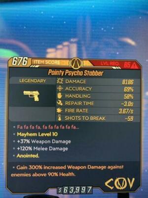 M10 Lvl72 Anointed Pointy Psycho Stabber 300/90 Borderlands3 Xbox/PC/Steam/SHiFT