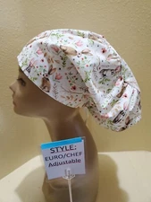 Rabbits Watercolor Women's Euro/Chef Surgical Scrub Hat/Cap Handmade