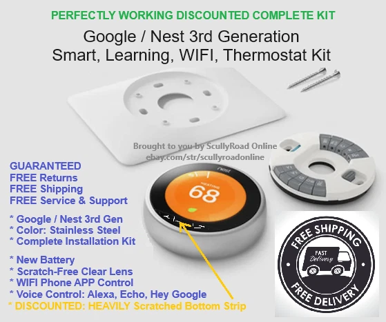 Google Nest 3rd Gen Stainless Steel Thermostat DISCOUNTED WORKING COMPLETE KIT