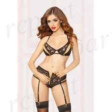 New sexy Women lingerie two piece bra set garter panty black S M L XL 10874