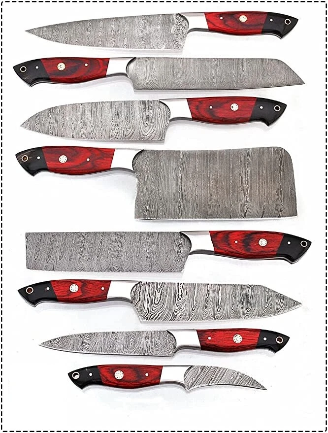 Custom Made Damascus Steel 8 Pcs of Professional Utility Chef Kitchen Knife Set
