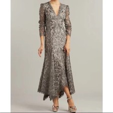 Tadashi Shoji metallic sequin lace v-neck 3/4 sleeves asymmetrical hem dress 14