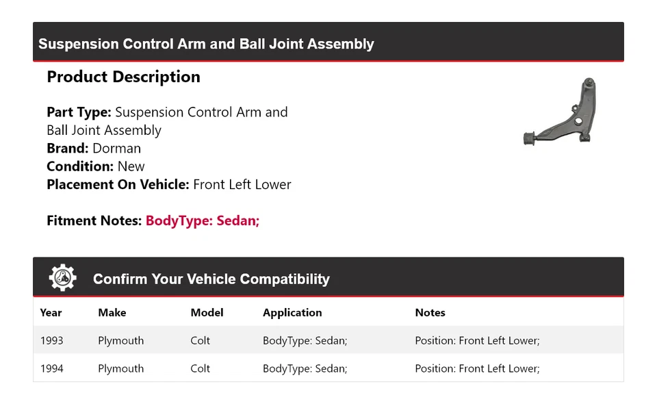 Conjunto de rótula de brazo de control Plymouth Colt Dorman 1993-1994 Foto 2 de 4