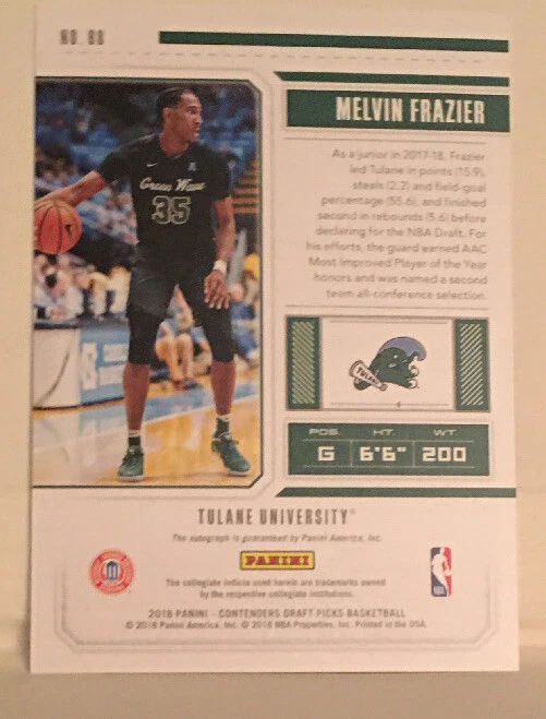 MELVIN FRAZIER 2018 Panini Contenders College Ticket Autograph Rookie RC Tulane - Image 2 of 2