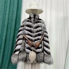 Luxury Women Real Rex Rabbit Fur Cape Fox Fur Sleeves Winter Stand Collar Poncho