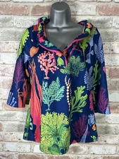 Gretchen Scott Ruffle Neck 3/4 Sleeve Coral Reef Print Sz S Blouse