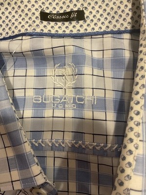Bugatchi Men's XXL White&Blue Plaid Flip Cuff Long Sleeve Button Front Shirt
