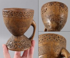 Antique 19thC Sgnd HML Sailors Carved & Scrimshaw Cup, Mermaid, Goat, Fish, NR