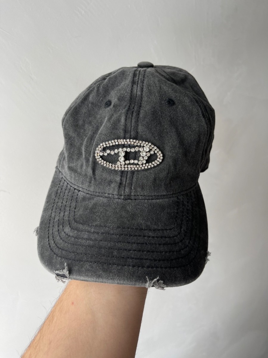 Diesel Distressed Denim Baseball Cap Black Hat Rhinestone Crystal