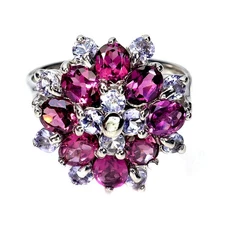 925 Sterling Silver Ring Oval Rhodolite Garnet Tanzanite Natural Gemstone Size 8