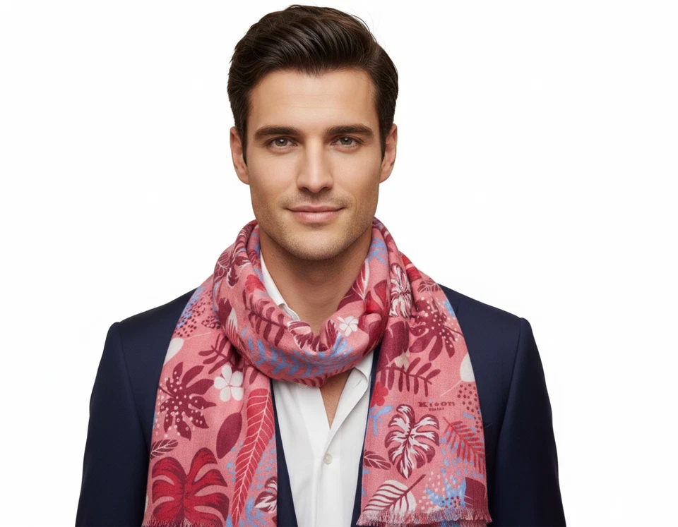 NUEVO CON ETIQUETAS BUFANDA KITON coral floral modal 70x180 cm hecho a mano extralujo Italia Foto 2 de 3