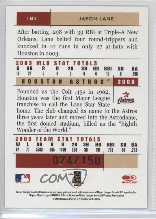 2004 Donruss Team Heroes Showdown Bronze /150 Jason Lane #183 - Image 2 of 2