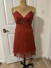 Vintage Red Silk Floral Slip Dress Asymmetric Hem Spaghetti Strap Maxi   EU 38