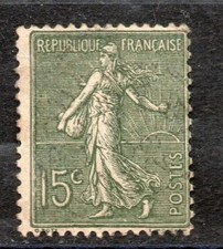 🦬Timbre France N°130  Type Semeuse lignée Oblitérée - 15c Vert-Gris - 1903🦬