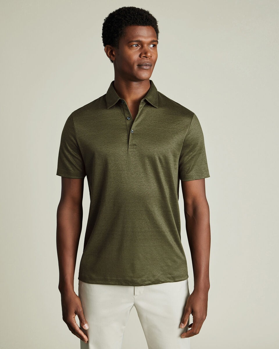 CHARLES TYRWHITT PURE LINEN POLO, OLIVE GREEN, SIZE XL, NEW UK