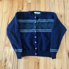 Vintage LL Bean Cardigan Sweater Women's M Navy Fair Isle Button Wool