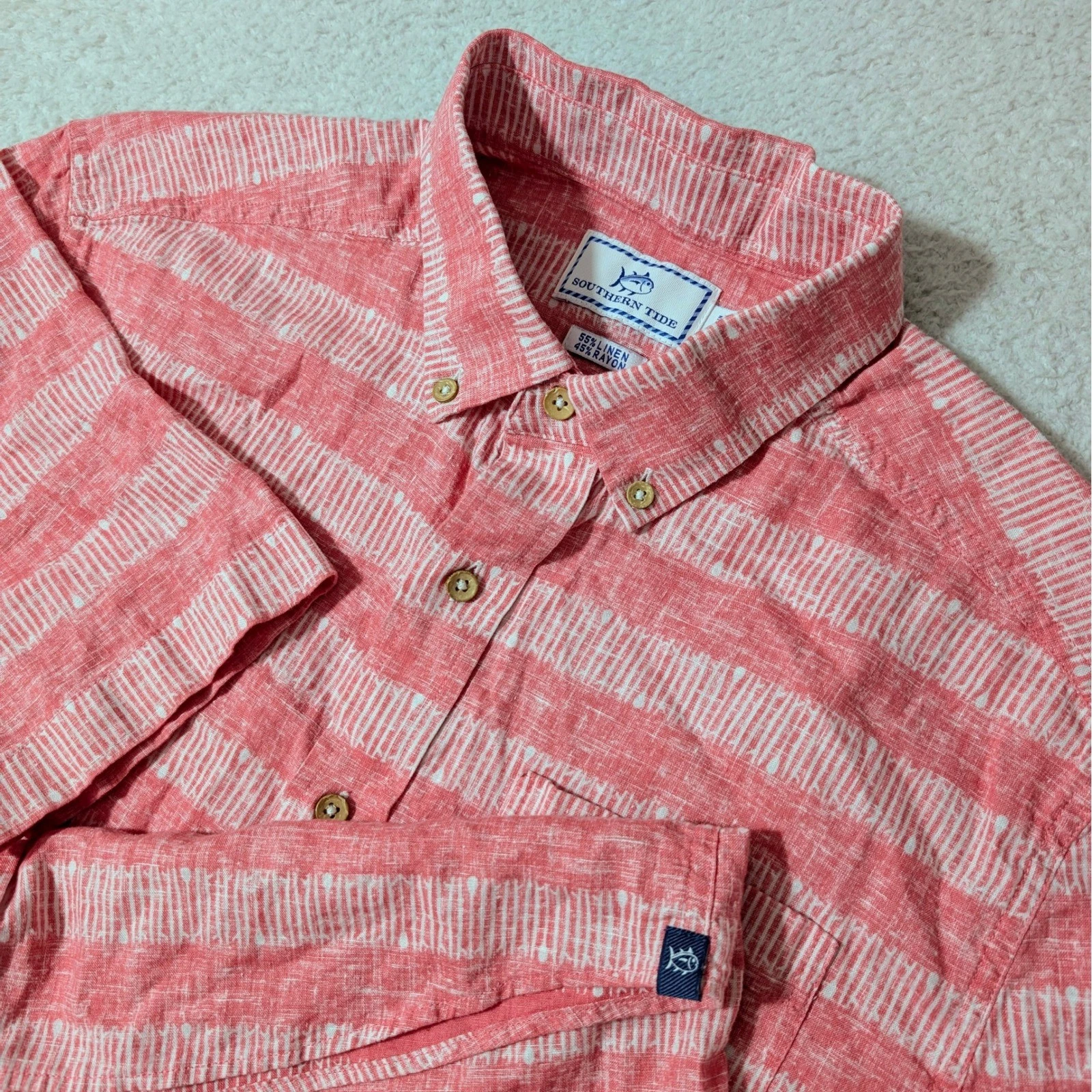 Southern Tide Button Down Shirt Mens Sm Pink Striped Linen Rayon Coastal EUC