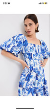 farm rio Garden Tiles Button Front Linen Blend Mini Dress blue puff sleeve