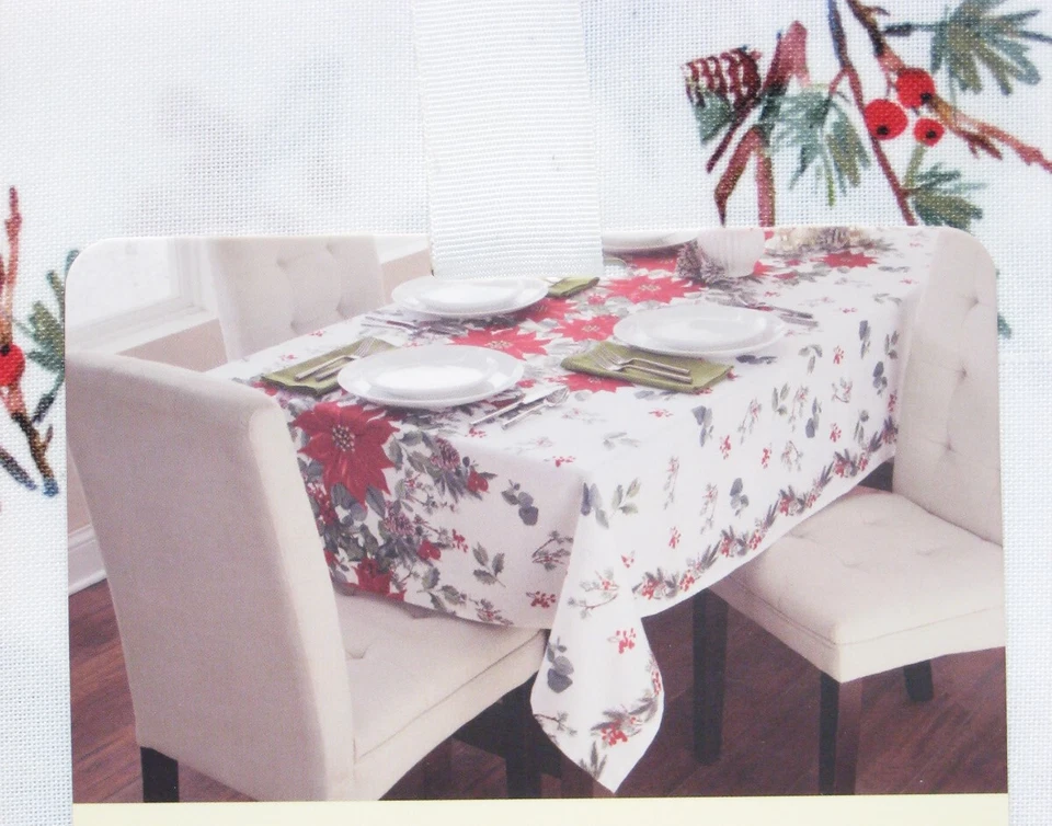 Cynthia Rowley Border Print Tablecloth Christmas Poinsettias Red Green 60x84 - Image 2 of 2