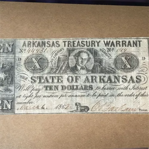 1862 $10 State of Arkansas Treasury Warrant Obsolete Currency Note