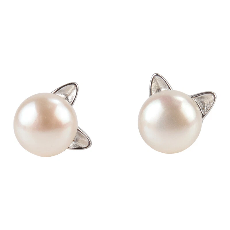Damen Ohrringe Katze Silber 925 Perle Weiß 8 mm - Bild 1 von 4