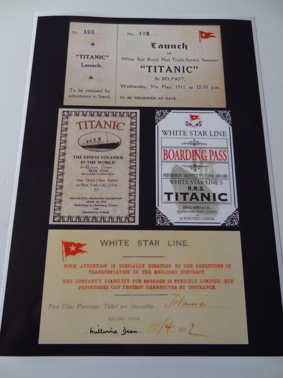 RMS TITANIC LAUNCH BOARDING PASS FIRST CLASS THIRD CLASS TICKETS MONTAGE PRINT