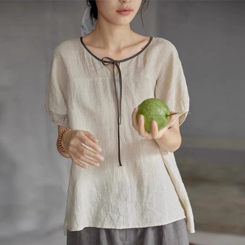 Ladies Casual Short Sleeve T-shirt Cotton Blend Top Blouse Retro Summer T-shirt - Picture 3 of 5
