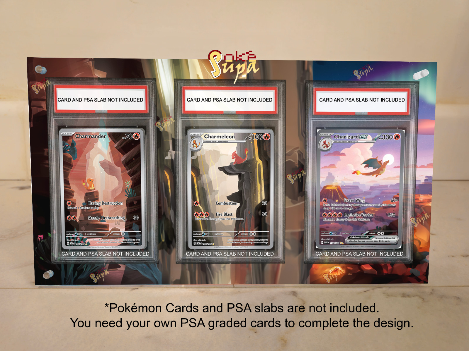 Charmander Charmeleon Charizard 199/165 - Estuche grande magnético PSA + Obra de arte + Soporte